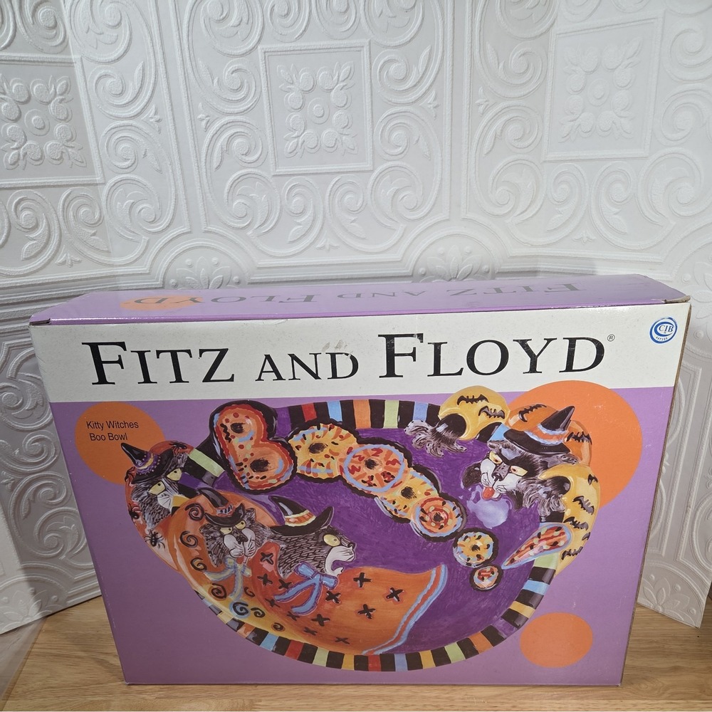 VTG Fitz and Floyd Kitty Witches Boo-Bowl Candy Dish Pumpkin Cat W/ BOX - Large